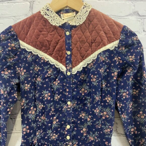 Gunne Sax Dress Vintage 70’s Prairie Girl Floral Print Lace High Collar XS Jr 5 - Picture 4 of 12